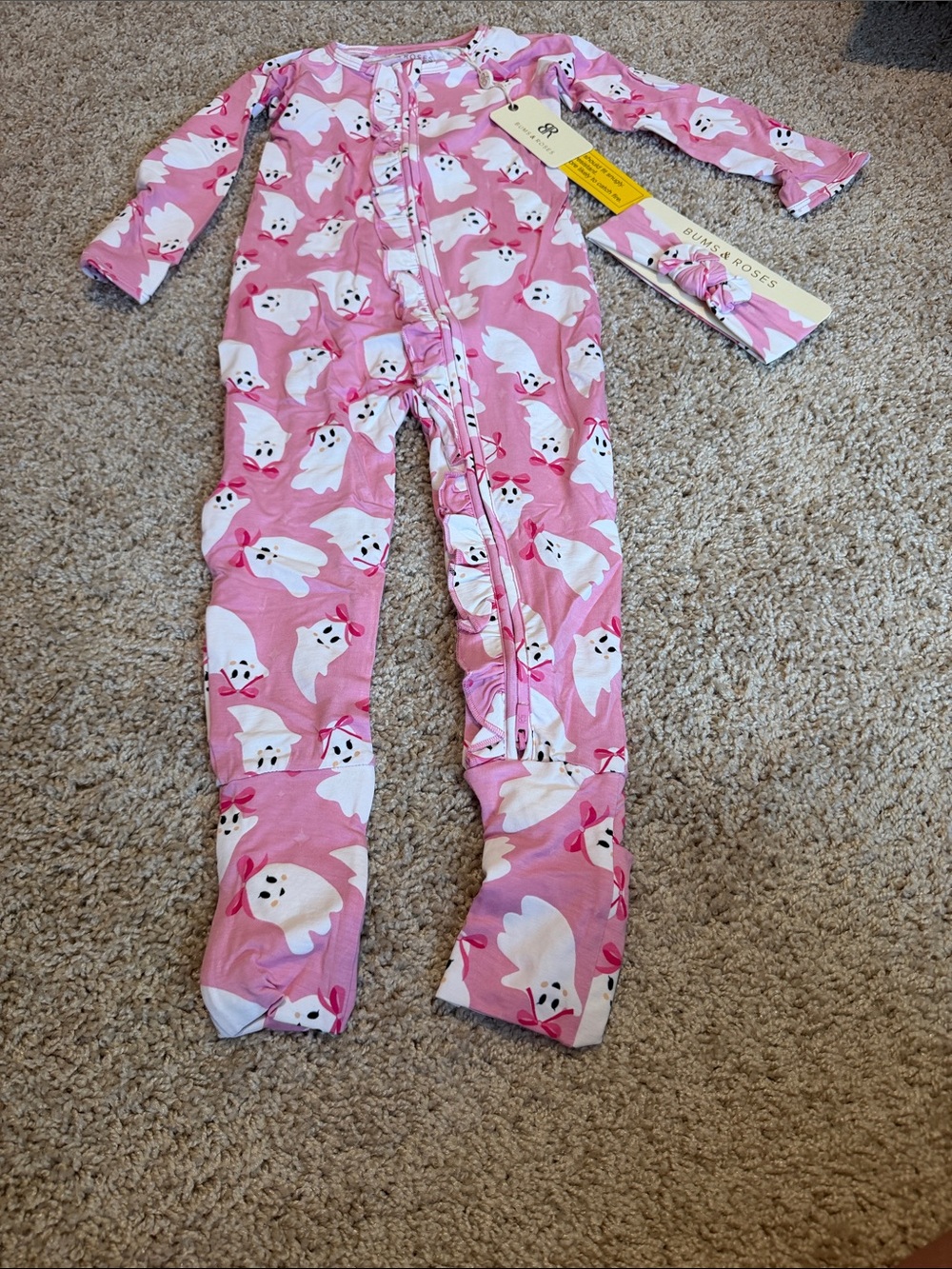 Pink Ghost-Print Kids Footed One-Piece Pajamas with Headband